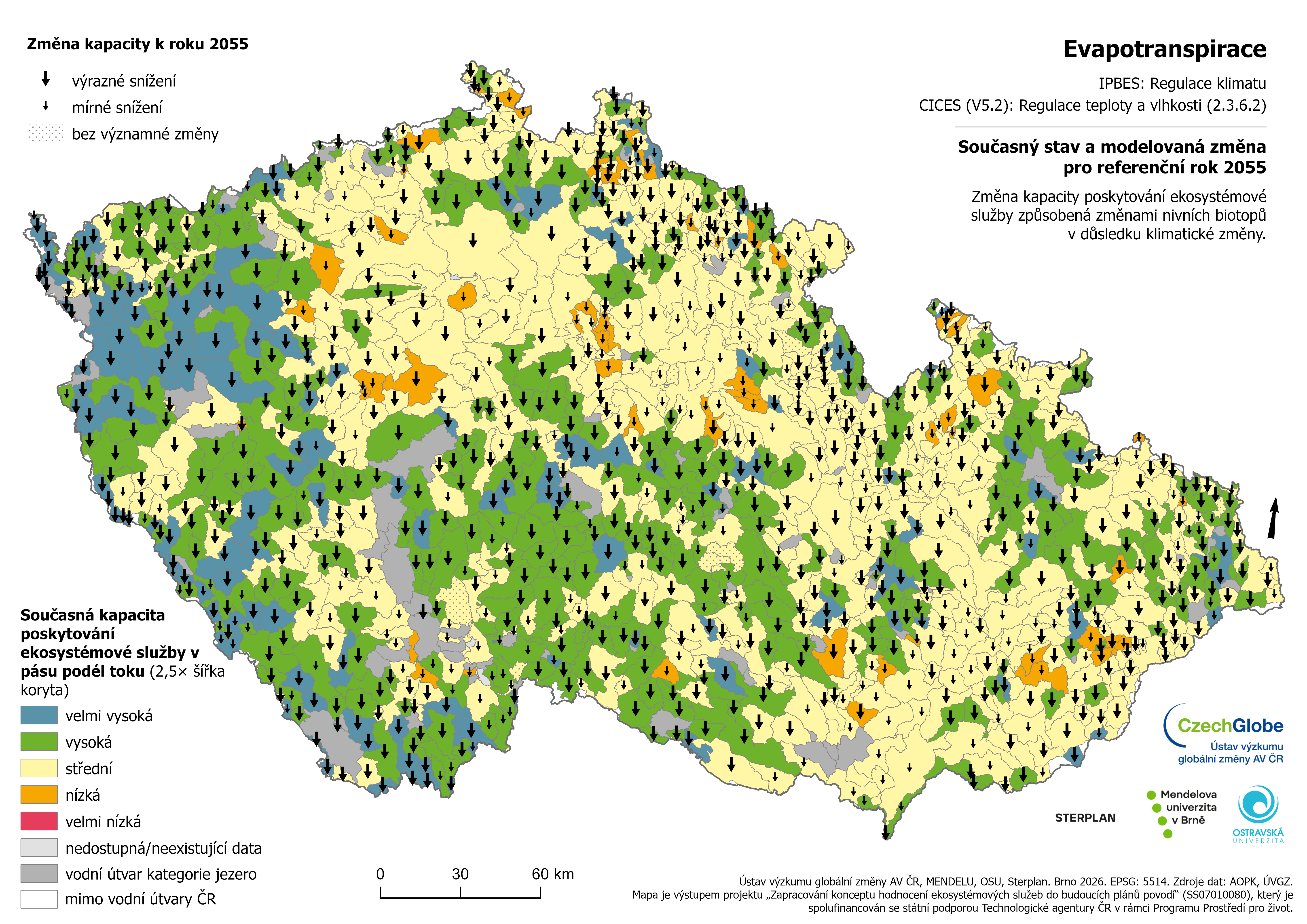 17b-K-55 - Evapotranspirace v pásu podél toku (2055), porvnání se současným stavem